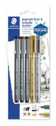 Fineliner pigment liner svart + silver och guld (3+2)