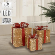 Dekorativa julklappar, set om 3 med LED-lampor ljusbruna/röda med rosetter och timer
