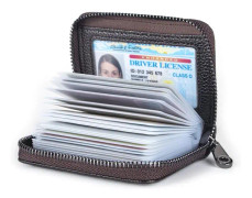 Klassisk Kaffe Äkta, Läder Kreditkortshållare Plånbok RFID-Blockering Säker Kortfodral ID-Fodral Organizer Dragkedja Plånbok