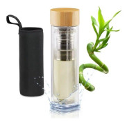 Relaxdays Bamboo Tea Infuser 500ml med lock Dubbelvägg Isolerad To Go Teglas, Vanligt - 4052025238124