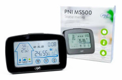 PNI MS500 väderstation med trådlös extern sensor, visar inomhus- och utomhustemperatur och luftfuktighet, dataminne