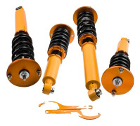 Coilover-fjädringskit, justerbar körhöjd, lättvikts aluminiumkonstruktion, högdraghållfasthet prestandafjädrar.