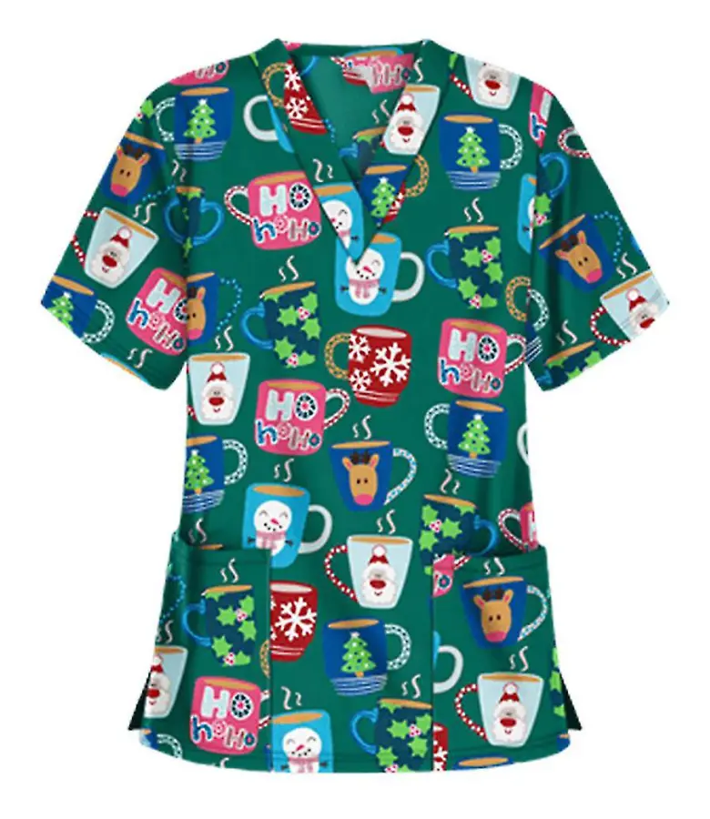 Kvinnor Nursing Uniform Scrub Short Sleeve T-shirt Xmas Blus Tee Toppar Koppar Grön XL