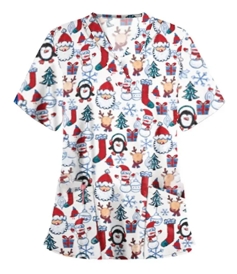 Kvinnor Nursing Uniform Scrub Short Sleeve T-shirt Xmas Blus Tee Toppar Vit pingvin M