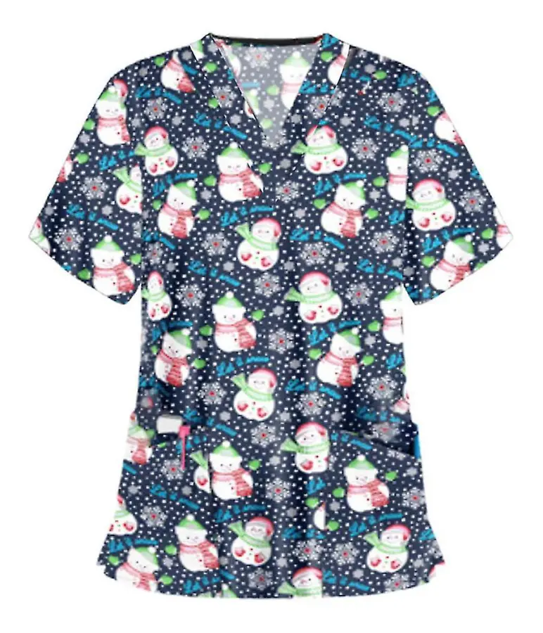 Kvinnor Nursing Uniform Scrub Short Sleeve T-shirt Xmas Blus Tee Toppar Snögubbe mörkblå 2XL