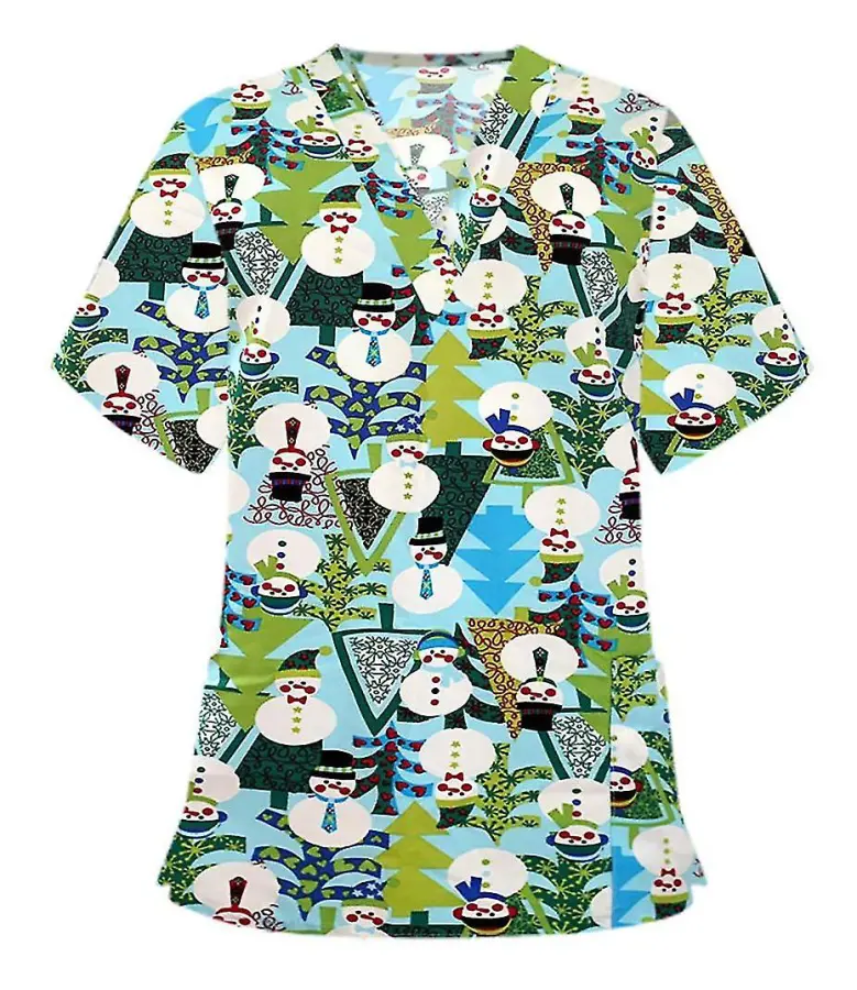 Kvinnor Nursing Uniform Scrub Short Sleeve T-shirt Xmas Blus Tee Toppar Grön XL