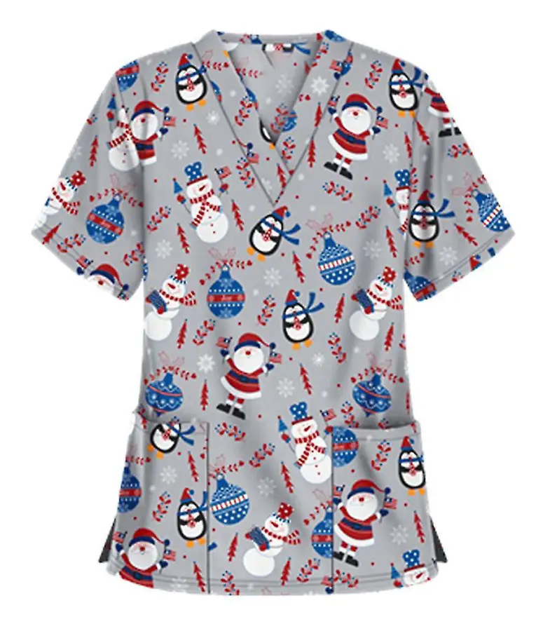 Jul kvinnor Omvårdnad Uniform Scrub Kortärmad T-shirt Xmas Blus Tee Toppar (pingvin Grå) m