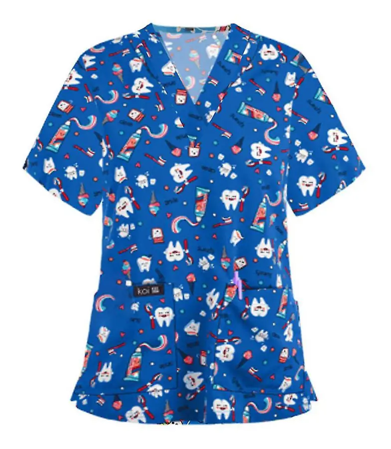 Kvinnor Nursing Uniform Scrub Short Sleeve T-shirt Xmas Blus Tee Toppar Tandtryck blå L