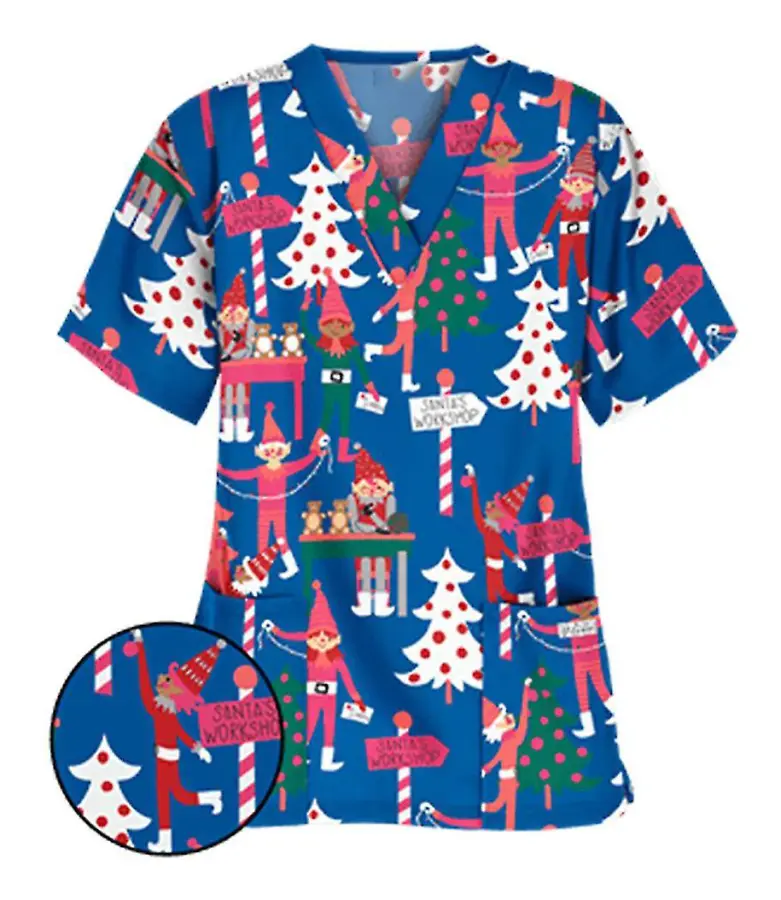 Kvinnor Nursing Uniform Scrub Short Sleeve T-shirt Xmas Blus Tee Toppar Julträd blå L