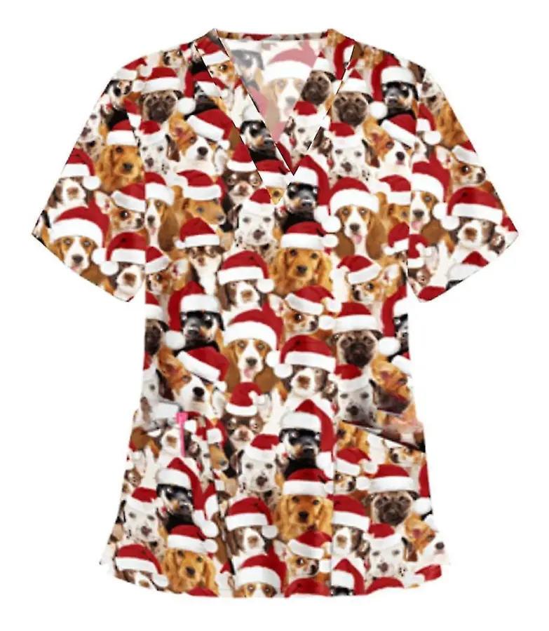 Kvinnor Nursing Uniform Scrub Short Sleeve T-shirt Xmas Blus Tee Toppar Gul M