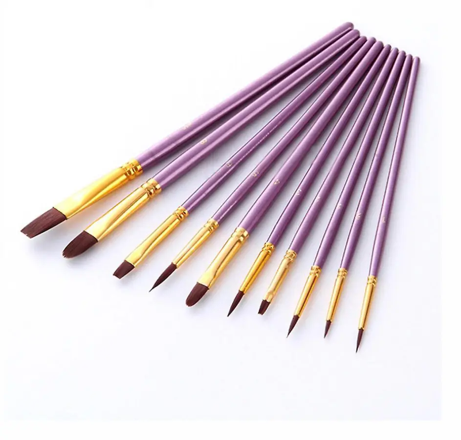 Artist Paint Brush Set 10st högkvalitativt nylonhår trä lila handtag