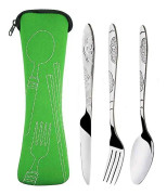 3st/set rostfritt stål bärbara rese camping bestick set med grön väska