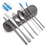 Linkrunning Resebestick Set Bestick Set Bärbara redskap, Silverware Set Återanvändbar Rostfritt Stål Serviser Med Fodral Camping 8st Inklusive Kniv...