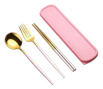 Boeyaa Bordsartiklar i rostfritt stål 3 st Skedar ätpinnar Gafflar Bärbar Camping Bordsartiklar Rosa
