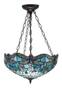 Interiors 1900 Lighting Interiörer Dragonfly Blue - 3 Ljus Medium Inverterat tak hänge Brons, Blå, Dragonfly Tiffany Glass, E27