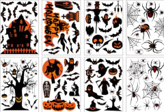 98 stycken Halloween-dekorationer | 8 ark Halloween-fönsterklistermärken | Halloween-fönsterklistermärken, fladdermöss, spindlar, dubbelsidiga klistermärken |