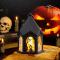 2 st Halloween Bärbara LED-Lyktor med Ljus, Hängande Flammeffekt Lykta för Hem/Utomhusfest Dekoration (D)