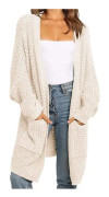 Dam Cardigan Öppen Fram Lång Batvingad Ärm Tjock Kabel Stickad Tröja Kavaj Med Fickor, BEIGE, XL