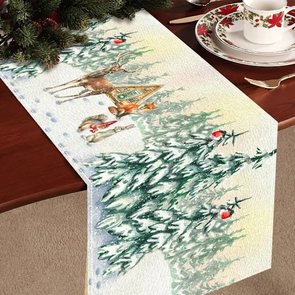 Julbordstablett med Renen och Träd, Säsongsbetonad Vinter Julköksbord Dekoration, Jul Linne Tablett (180x33 cm)