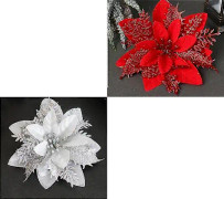 20 st juldekorationer blommor guld, silver och röd plast trippelblommor strödd med pulver