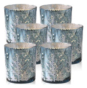 Set med 6 jul-ljusstakar i guld och silverglas för julbordscentrum, dekoration 8 cm (snöträ-stil)