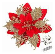 Greentime 12 st 14 cm / 5,5 tum Konstgjorda Gyllene Röda Julstjärnor Dekorationer Med Klämmor Och Stjälkar Glitter Julgranprydnader För Jul Bröllop