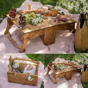 Vikbar picknickkorg i trä för utomhusbruk, portabel vinpicknickbord, 2-i-1 picknickbord konvertibel förvaringskorg i trä, för utomhuspicknickar