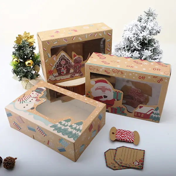 12-pack Kraftpapperspresentaskar - 3 Juldesign - med Visningsfönster - Bagerikartong - Presentinslagning