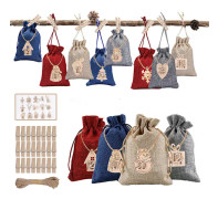Jutepåse för DIY Julkalender, Adventskalenderpåse Julpåse, Julkalenderpåse med Trätaggar, för Räkning till Jul