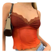 Camisole Topp, Sexig Avslappnad Spets Genomskinlig V-ringad Fjäril Bröst Rynkad Camisole