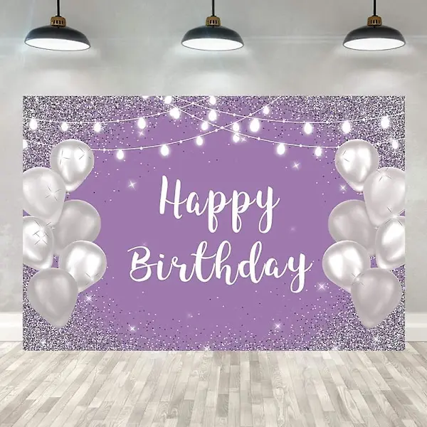 53ft Violett Lila Silver Grattis på födelsedagen Bakgrund Flickor Silver Ballong Vita Ljus Flickor 16:e 20:e 30:e Födelsedagsfest Banner Dekorationer Bakgrund