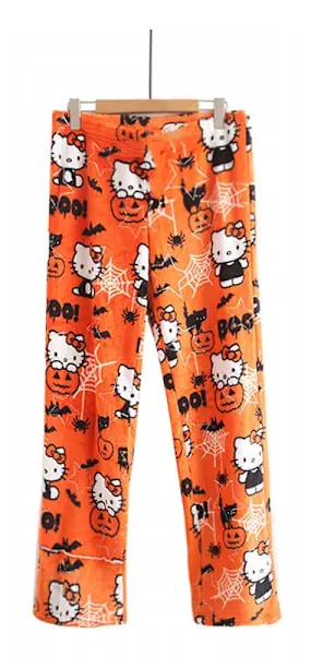 Cartoon HelloKitty Flanell Pyjamasbyxor för Kvinnor Halloween Present Halloween Orange XXL
