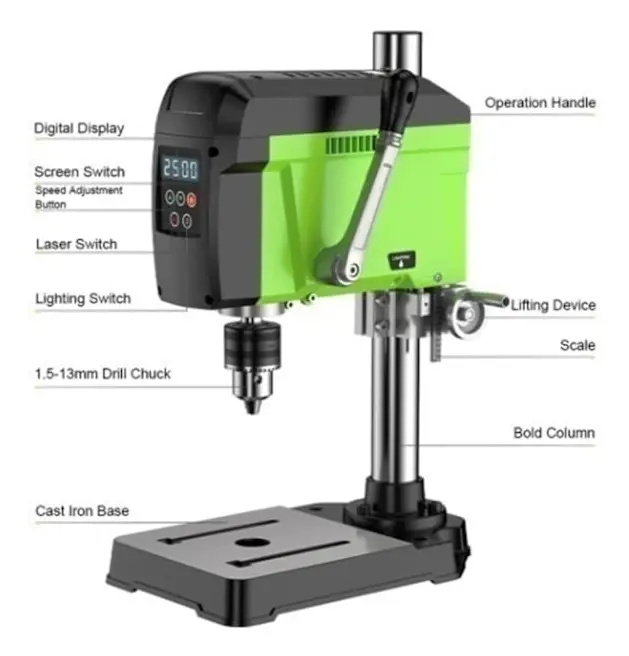 Bench Drill, 220V, 400W, 2500rpm, No Vise, Green