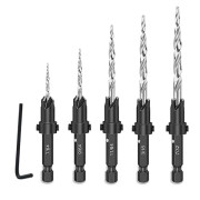 5-pack träskruvspetsar, 4, 6, 8, 10, 12 set 1/4\" snabbväxlande skaft med koniska HSS-borr och insexnyckel för träbearbetning