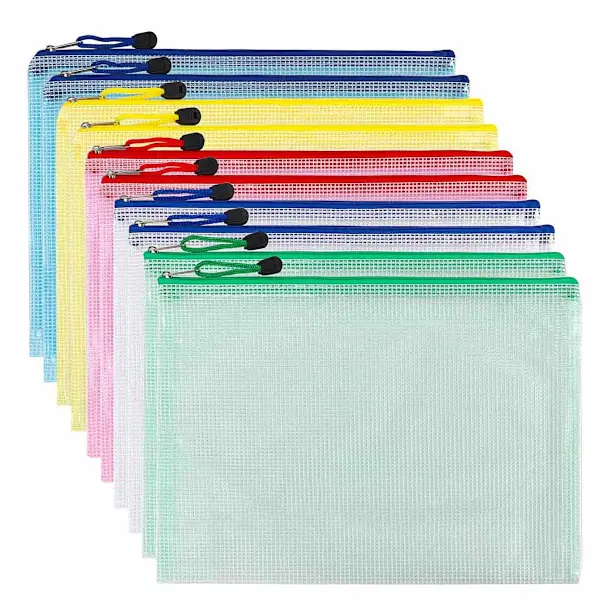 A5 Zip Filpåse Mesh Dokument Plastplånbok Mappar Dragkedja Plastfickor (12-pack)