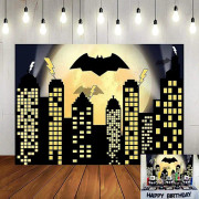 Superhjälte Superstad Fotobakgrund Skyline Byggnader City Boom Fullmåne Bat Fotobakgrund 5x3ft Vinyl Barnkalas Banner Foto
