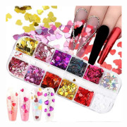 12 Färger Hjärta Holografisk Nagelglitter Sekvens Tillbehör Färgglada 3D Nagelflingor Pulver UV Gellack Akryl Design för Kvinnor Flickor Manikyr Tips