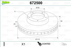Bromsskiva Ventilerad, Framaxel Valeo Coated 672500 - audi, cupra, seat, skoda, vw - OE 1K0615301AA, 1K0615301D, 561615301
