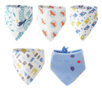 5-pack Babyhaklappar i Mjuk Bomull, Bekväma, Hudvänliga, Triangelformade, Söta Nyfödda Haklappar med Räv och Lejon