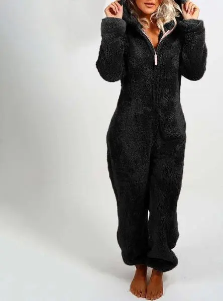 Höst/Vinter Huvtröja Pyjamas för Kvinnor med Plysch Tjock Plysch Jumpsuit Björnbrynja Hemdräkt Överall Ytterkläder Svart Black XXXL