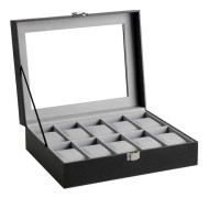 Klockbox med 10 fack, klockfodral med glaslock, klockdisplay med löstagbara klockkuddar, metallspänne, presentidé, svart syntetiskt läder, grått fode