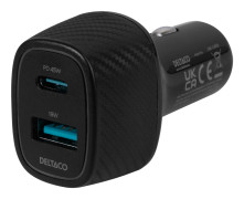 USB car charger DELTACO 1x USB-A 18 W, 1x USB-C PD 45 W, total 63 W / USBC-CAR123