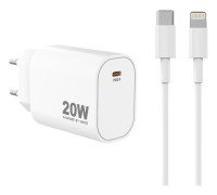 Sinox PRO 230V USB-C PD laddare 20W m/Lightning kabel. vit