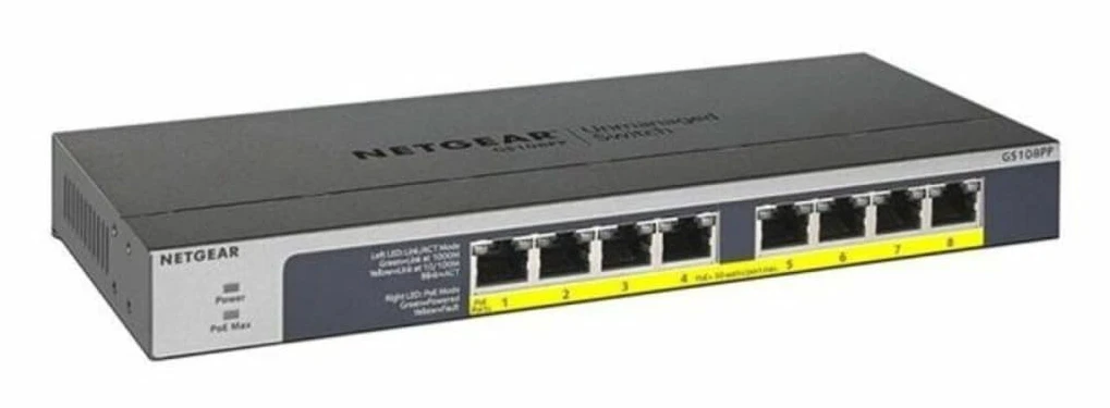 NETGEAR GS108PP - Switch - 8 x 10/100/1000 (PoE+) - skrivbordsmodell, rackmonterbar, väggmonterbar - PoE+ (123 W) - likström