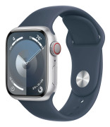 Apple Watch Series 9 (GPS + Cellular) 41 mm silverfärgad aluminiumboett och stormblått sportarmband, M/L (MRHW3)