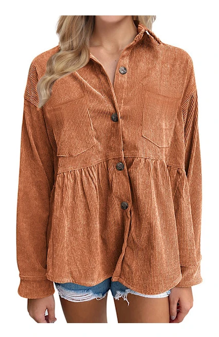 Modekordjeans skjorta för kvinnor, avslappnad långärmad skjorta med knappar (Karamell)