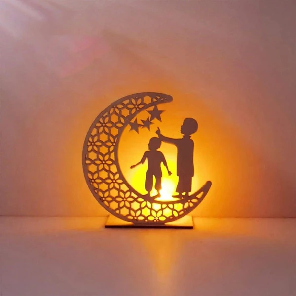 Trälampa med måne och stjärna, LED-lampa, gardinlampor för Ramadan