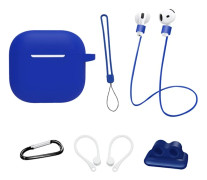För AirPods 4 6 i 1 Tillbehör Fodral Rem Hållare Öronkrokar Nackrem Nyckelring - MörkBlå Blå