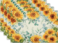 Solros Eukalyptus Bordstabletter Set om 4, 46x30 cm Sommar Gulgröna Blad Blommor Tvättbar Säckväv Matbord
