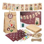 Gör-det-själv-adventskalendersats: Vacker hantverksadventskalender 2023 med 24 papperspåsar och klistermärken med design - Tom adventskalender för